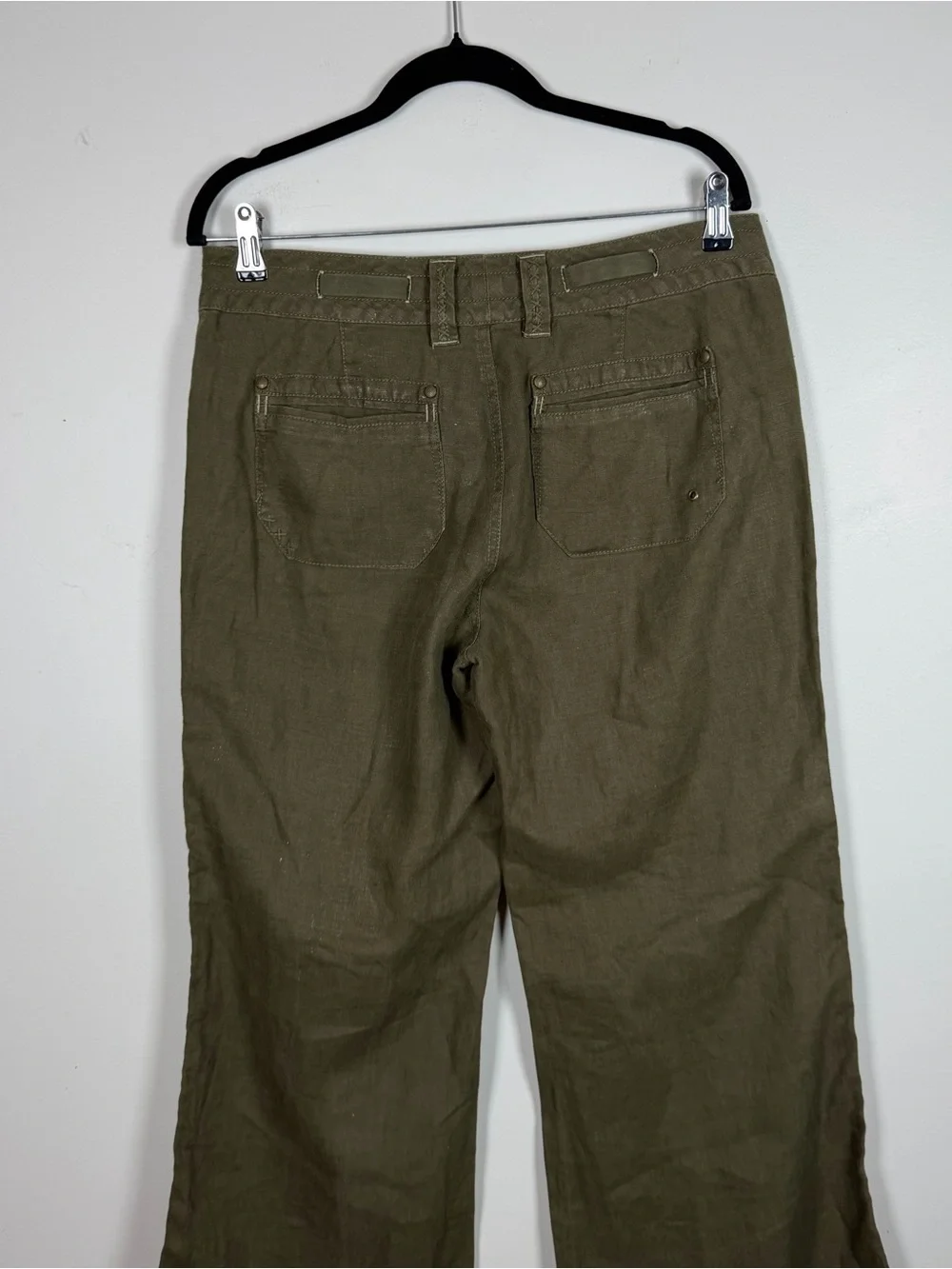 Cabi Olive Green 100% Linen Wide Leg Whipstitch 882 Trouser Pants Lagenlook Sz 8